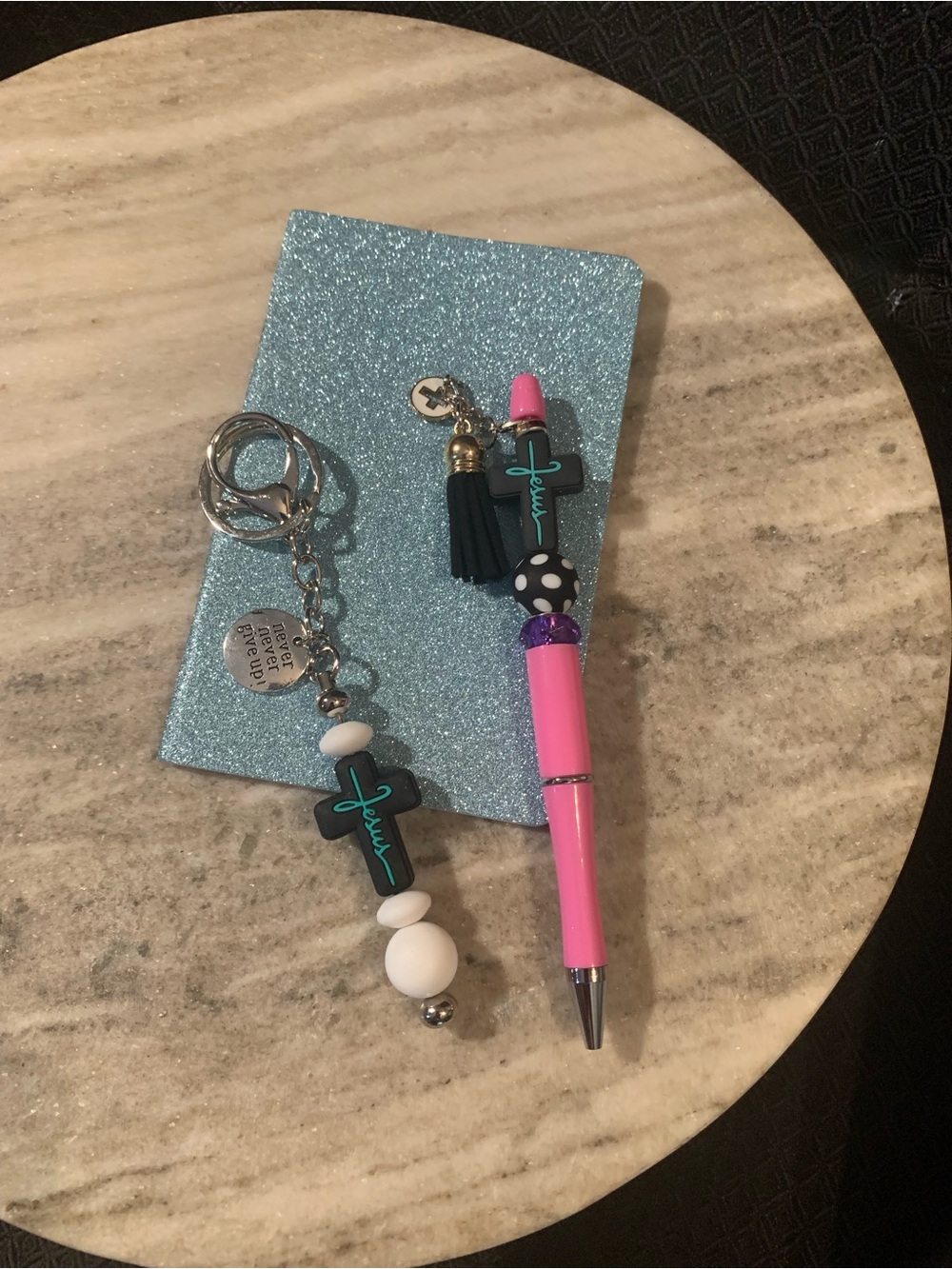 Pink Beaded Pen and Keychain Set with Cross Charm